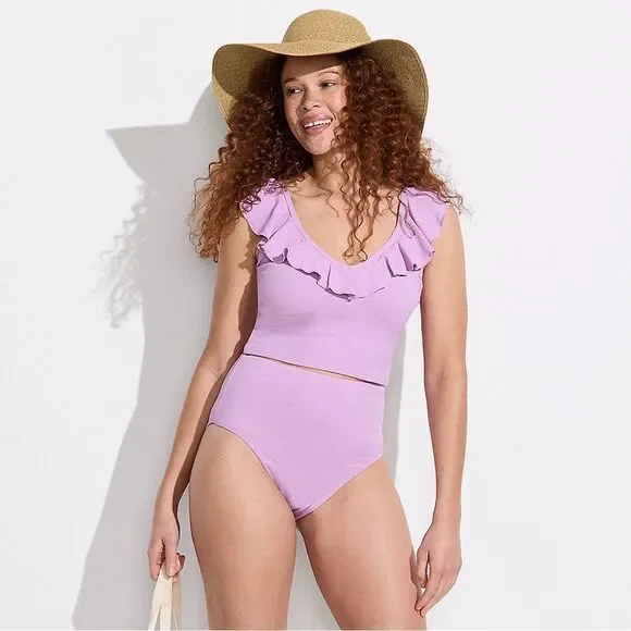 Land's End Two Piece Pique Ruffle Midkini Hi waist bottoms Wild Lilac size Med